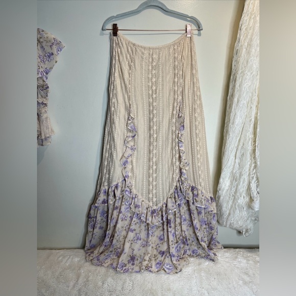 Free People Now & Then Romantic Lace Ruffles Vintage Skirt & Top Set XL - Picture 7 of 8
